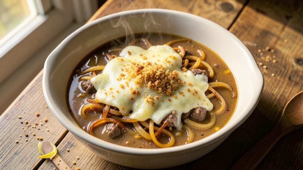 Be Our Guest French Onion Soup Recipe: Gruyere-Crusted Celery Crowns Over Silky Velout