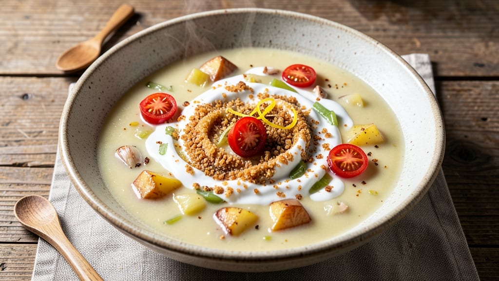 Baked Potato Soup Recipe No Bacon: Creamy Garlic-Herb Velout With Golden Crispy Celery Crowns