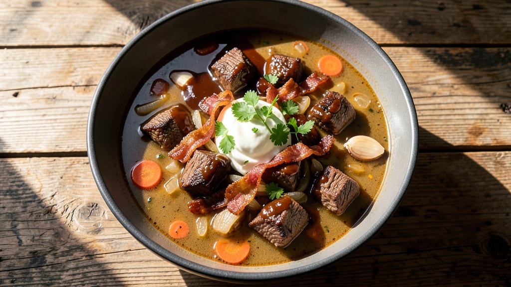 BBQ Beef Soup Recipe: Smoky Bacon Crunch Over Rich Tomato Velout