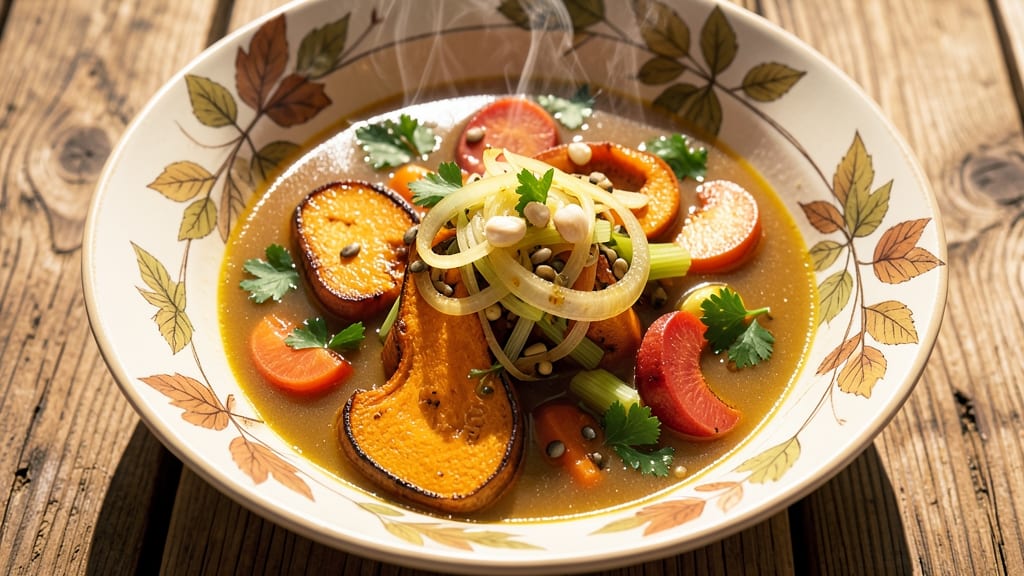 Autumnal Harvest Soup Recipe: Celery Crown Crunch Over Smoky Herb Broth