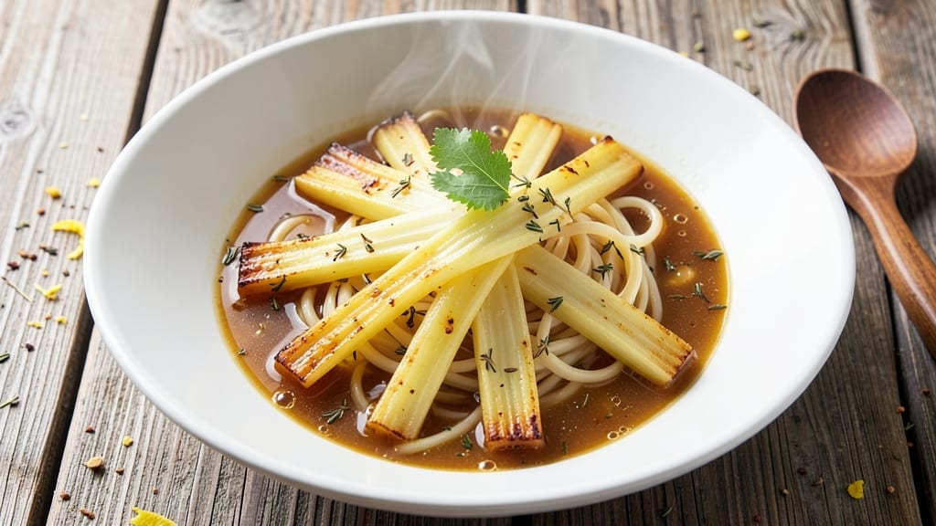 Bechtle Soup Noodles Recipe: Crispy Celery Crowns Over Rich Herb Velout