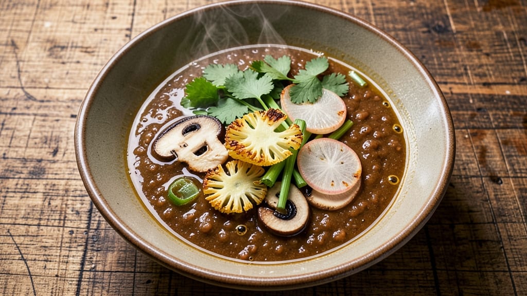 Bean Paste Soup Recipe: Crispy Celery Crowns Over Smoky Ginger Velout