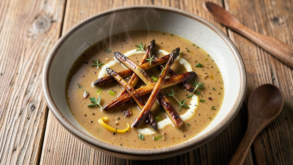 Asparagus Ends Soup Recipe: Crispy Celery Crowns Over Herb-Infused Velouté
