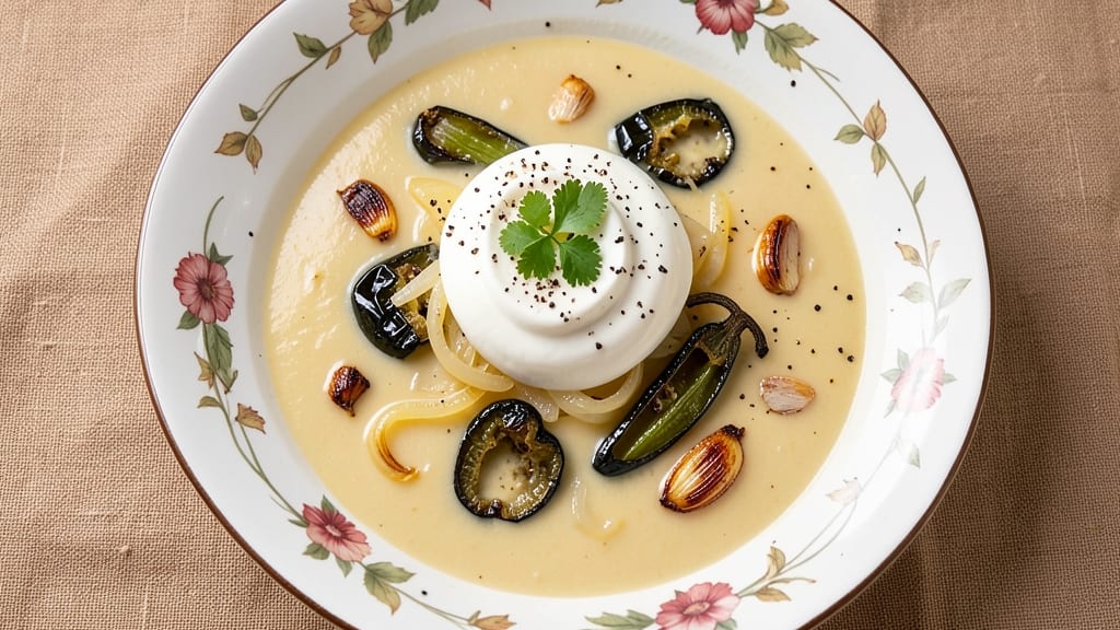 Best Creamy Poblano Soup Recipe Pioneer Woman: Smoky Roasted Pepper Velout With Gruyere Crunch