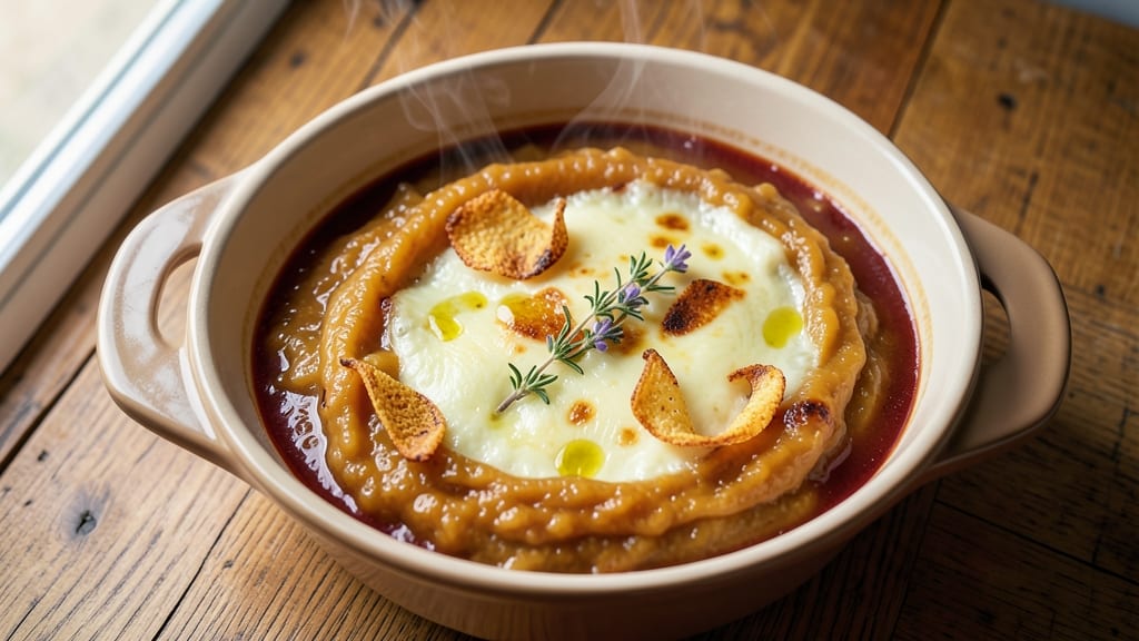 Alcohol-Free French Onion Soup Recipe: Crispy Celery Crowns Over Creamy Herb Broth