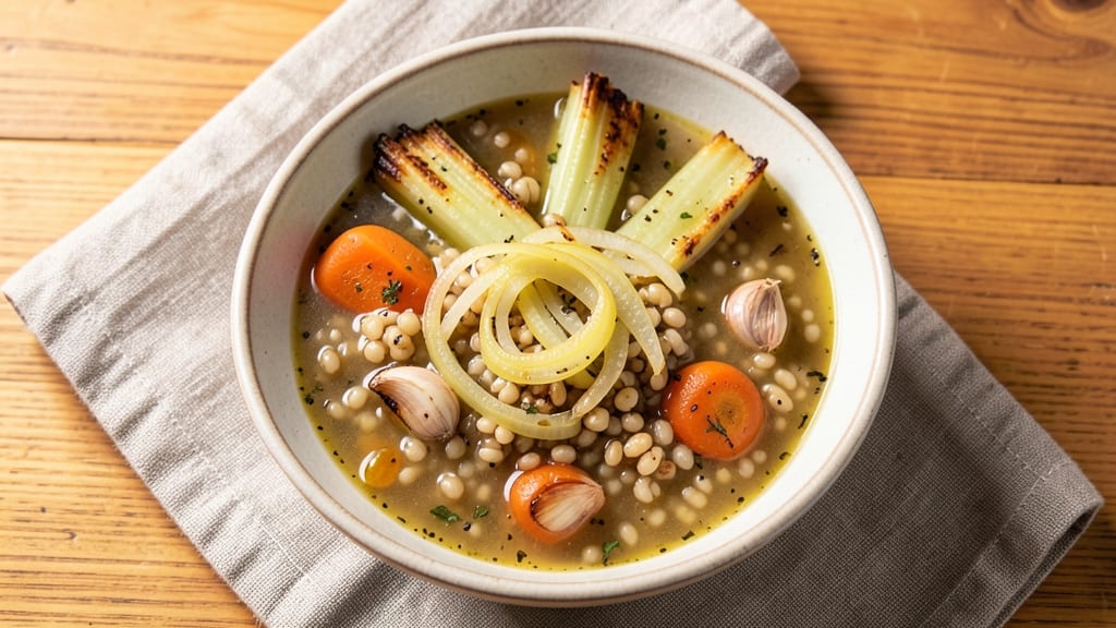 Barley Veg Soup Recipe: Crispy Celery Crowns Over Earthy Herb Velout