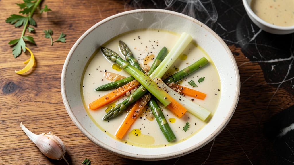 Asparagus Broth Soup Recipe: Earthy Green Velouté With Crispy Celery Crowns