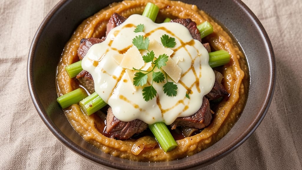 Beef Roast Onion Soup Recipe: Crispy Celery Crowns Over Gruyere Velout Magic