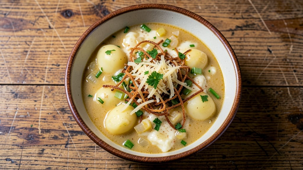 Amish Potato Soup With Rivels Recipe: Crispy Celery Crowns Over Smoky Gruyere Velout