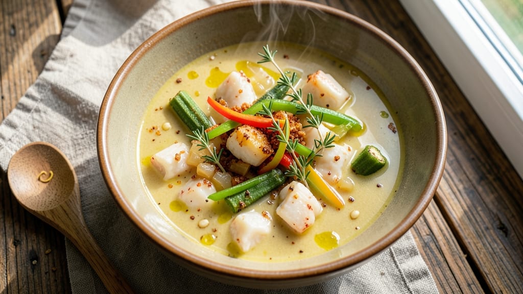Bahamian Crab Soup Recipe: Spiced Citrus and Okra Velout With Sweet Shrimp