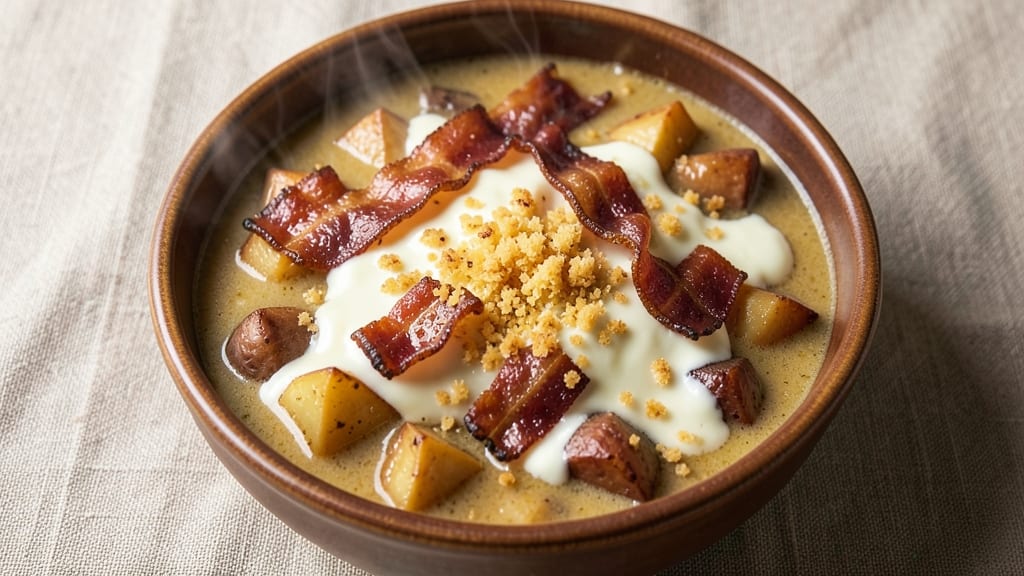 Bennigan's Loaded Baked Potato Soup Recipe: Smoky Bacon and Gruyère Crunch Over Creamy Herb Velout