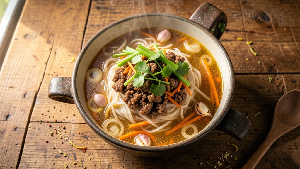 Army Soup Korean Recipe: Crispy Celery Crowns Over Savory Rice Noodles