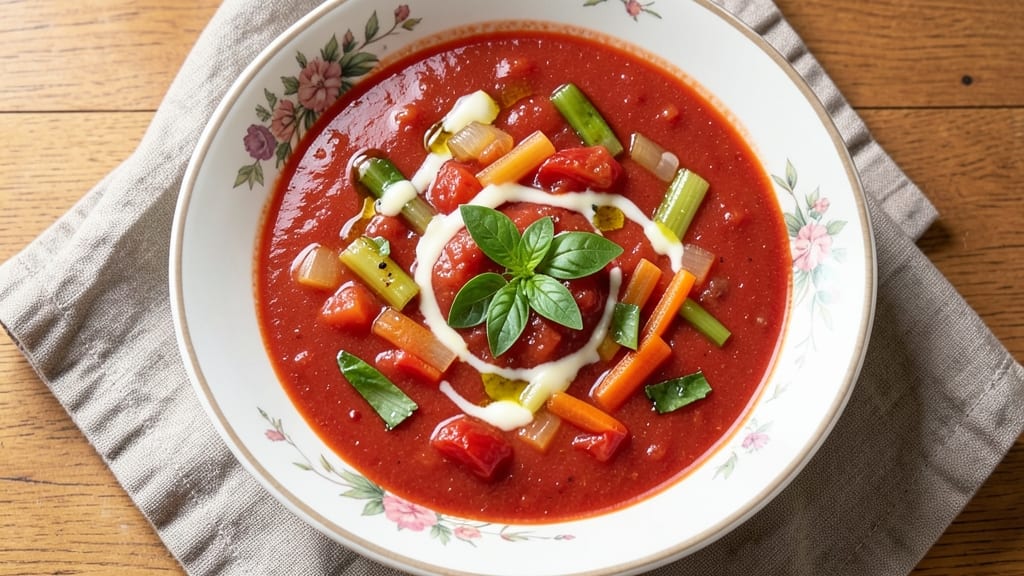 4Bs Cream Tomato Soup Recipe: Celery Crown Crunch Over Silky Herb Velout