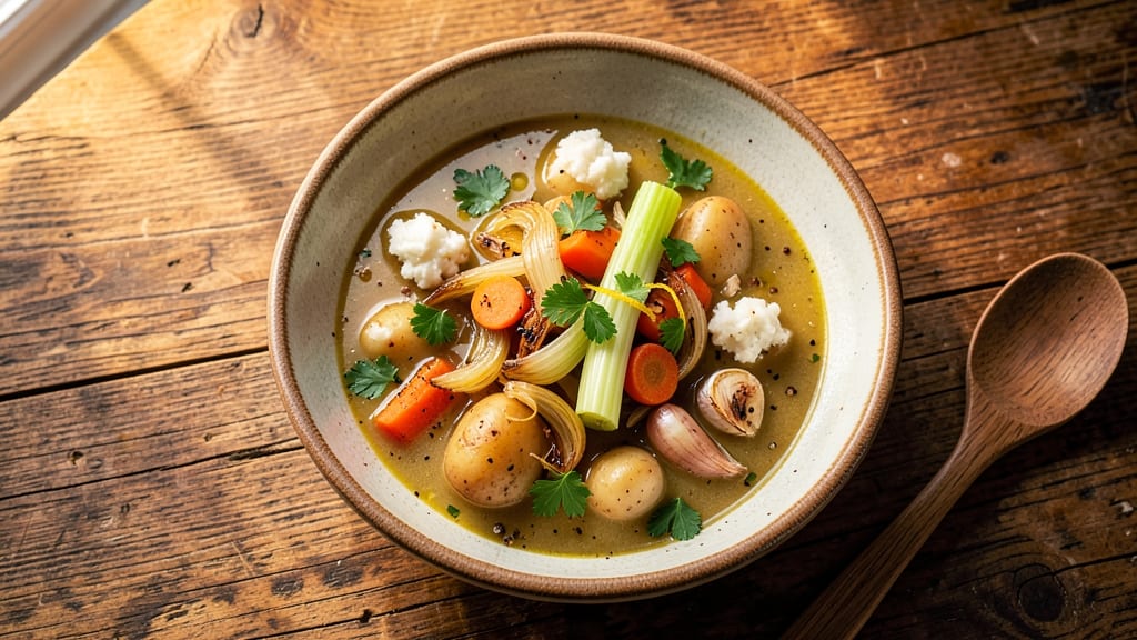 Bear Creek Vegetable Soup Recipe: Crispy Celery Crowns Over Herbal Velouté
