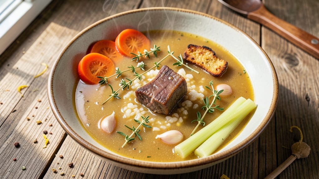 Beef Bouillon Soup Recipe: Crispy Celery Crowns Over Savory Herb Broth