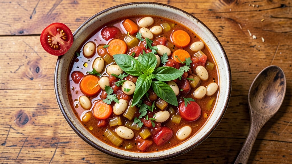 5 Star Minestrone Soup Recipe: Creamy Tomato-Basil Velout With Crispy Celery Crowns