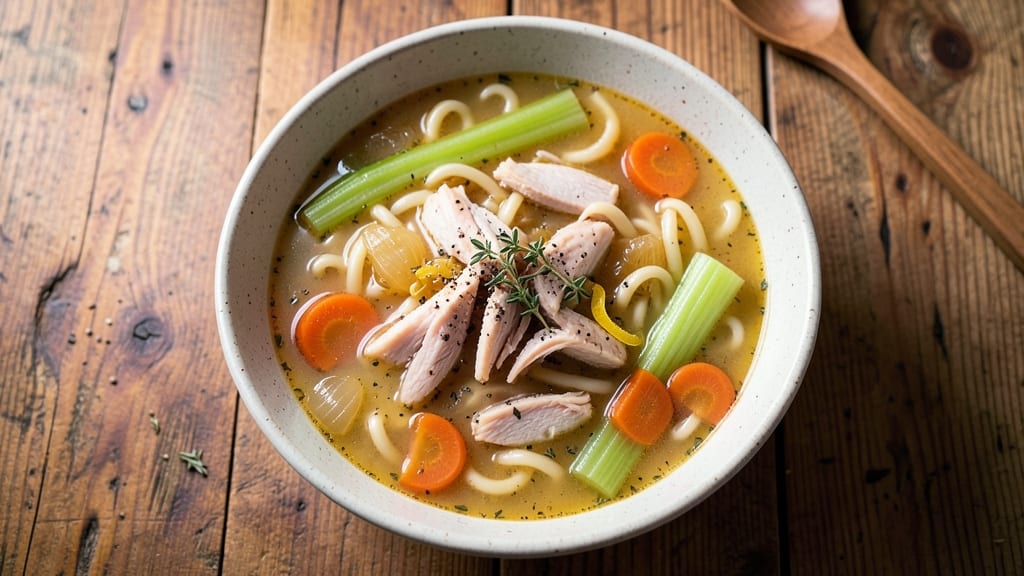 Au Bon Pain Chicken Noodle Soup Recipe: Celery Crown Crunch Over Herb-Infused Broth