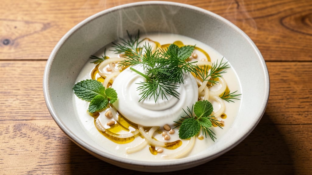 Beyran Soup Recipe: Tangy Yogurt and Herb Velout With Crispy Celery Crowns