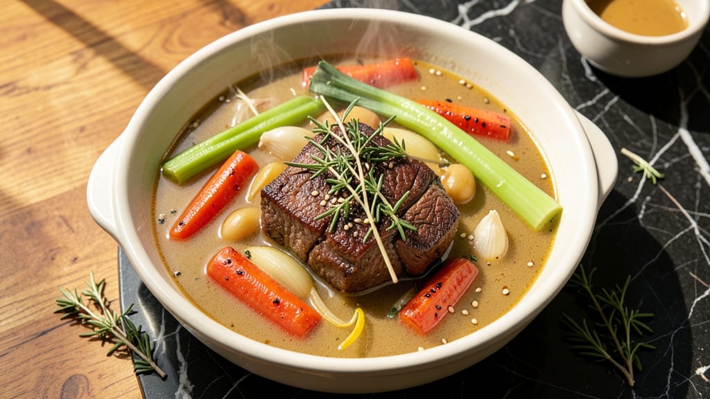 Award Winning Vegetable Beef Soup Recipe Slow Cooker: Crispy Celery Crowns Over Savory Herb Velout