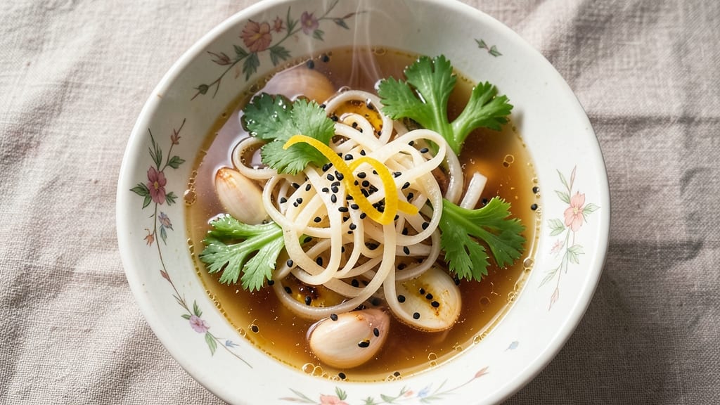 Bamboo Pith Soup Recipe: Crispy Celery Crowns Over Earthy Herb Velout