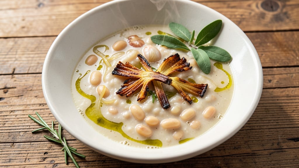 Alessi's Tuscan White Bean Soup Recipe: Crispy Celery Crowns Over Creamy Rosemary Velout