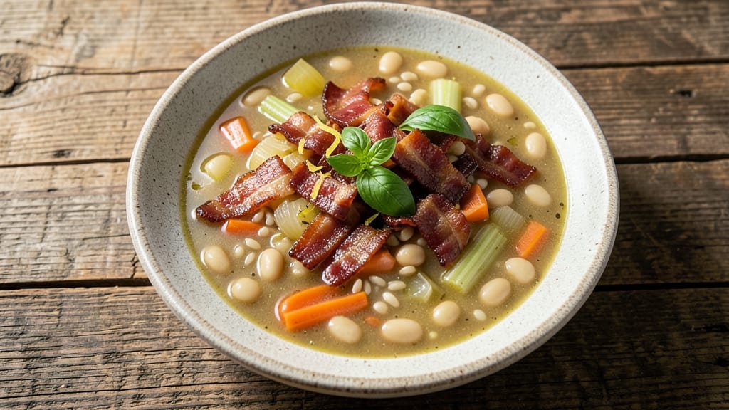 Best Italian Minestrone Soup Recipe With Bacon: Smoky Bacon Crunch Over Hearty Bean Velout