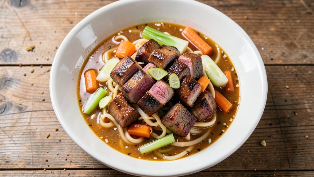 Beef Noodle Bowl Soup Recipe: Crispy Celery Crowns Over Smoky Beef Velout