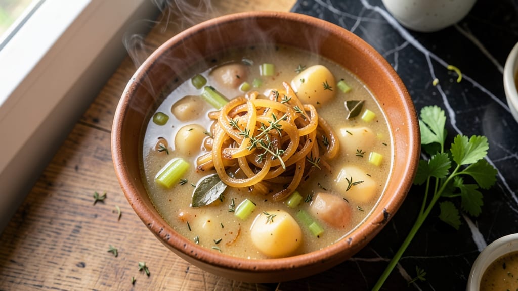 Authentic German Potato Soup Recipe: Crispy Celery Crowns Over Smoky Herb Base