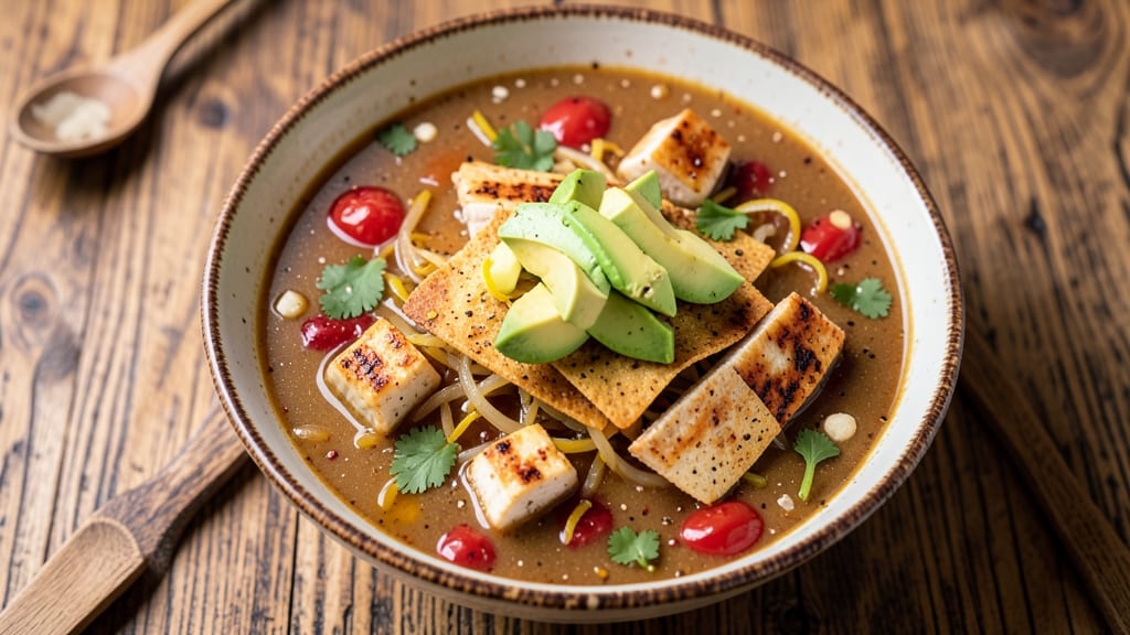 5 Star Tortilla Soup Recipe: Crispy Corn Topping Over Smoky Tomato Velout