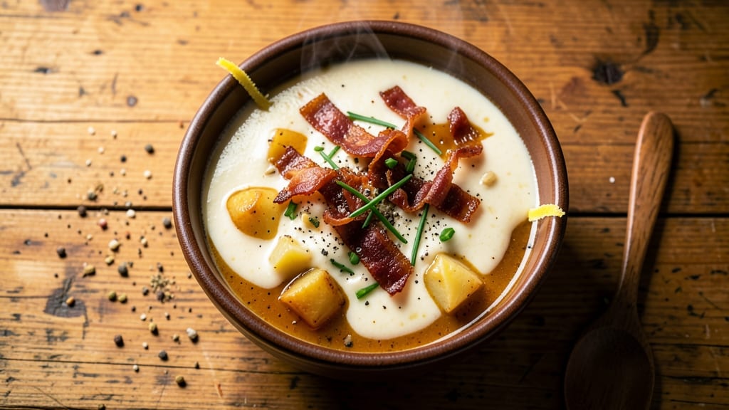54th Street Baked Potato Soup Recipe: Velvet Potato Base With Crispy Bacon Bits