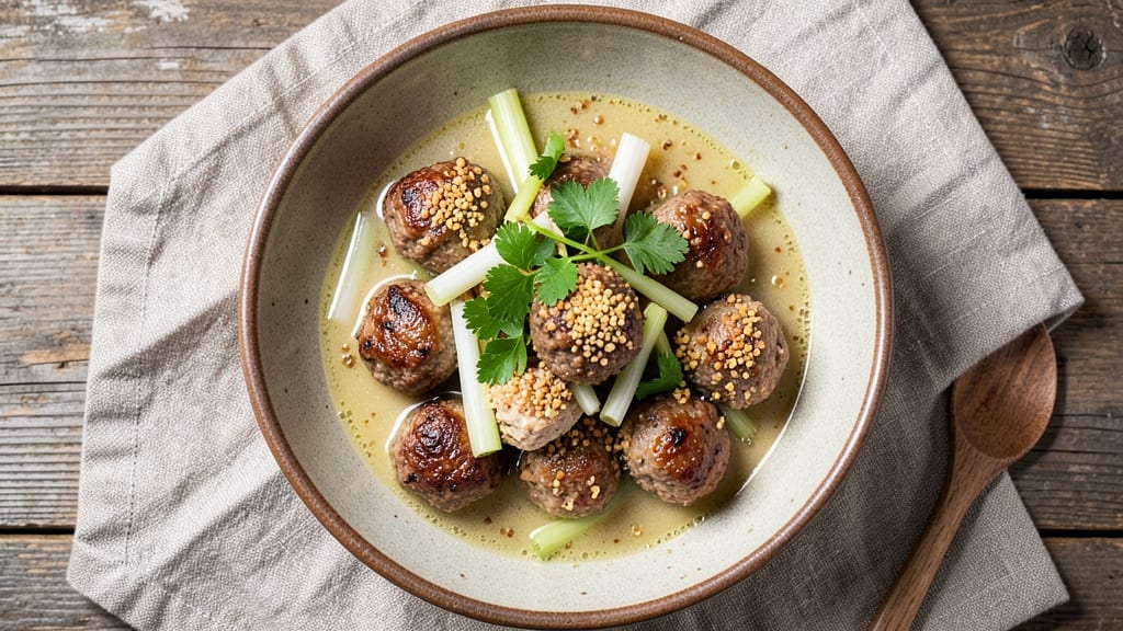 Ball Soup Recipe: Crispy Celery Crowns Over Rich Herb Velout